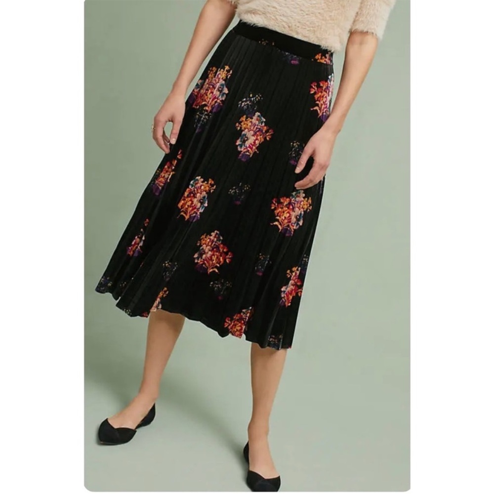 Anthropologie Black Pleated Midi Skirt with Floral Print